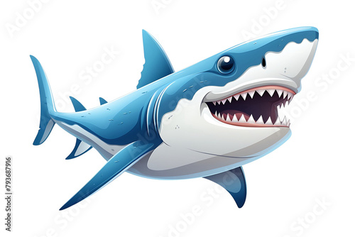 An animated blue shark cartoon with a fierce grin, showcasing sharp teeth and a dynamic pose. Generative AI photo