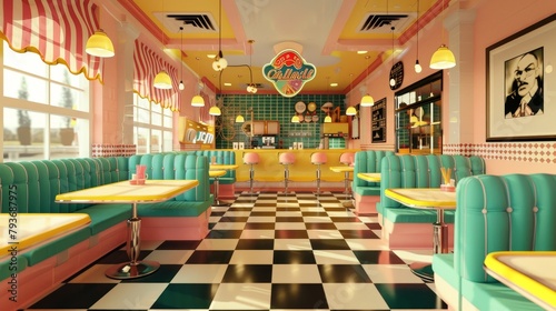 A retro-inspired 3D diner with vintage decor and checkered floors AI generated illustration