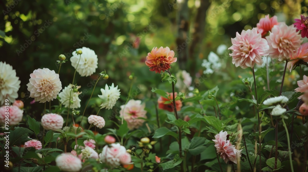 A serene garden filled with oversized flowers AI generated illustration A serene garden filled with oversized flowers AI generated illustration