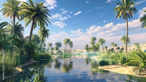 A serene desert oasis with palm trees and oasis  AI generated illustration © ArtStage
