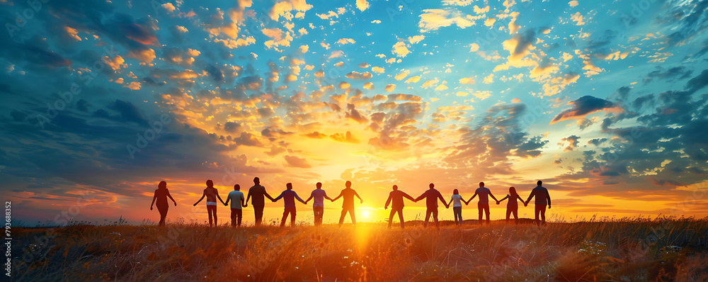 Giving a helping hand concept of unity, teamwork and charity with sunrise background.