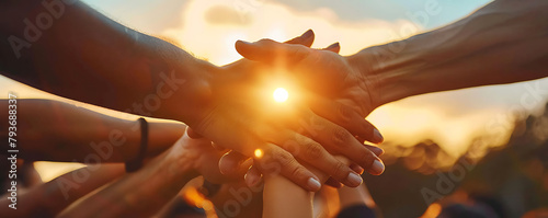 Giving a helping hand concept of unity, teamwork and charity with sunrise background. photo