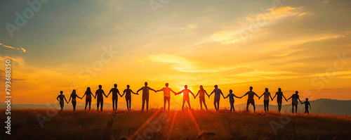 Giving a helping hand concept of unity, teamwork and charity with sunrise background. photo
