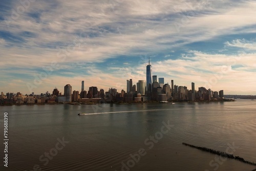 New York City skyline. Manhattan Skyscrapers in NYC  aerial panorama view from Hudson Piver.