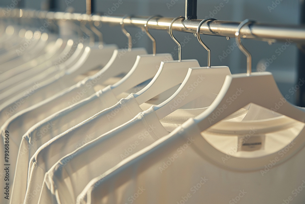 Fototapeta premium Close-up of white blank t-shirts hanging in a row on wooden hangers. Generated by artificial intelligence