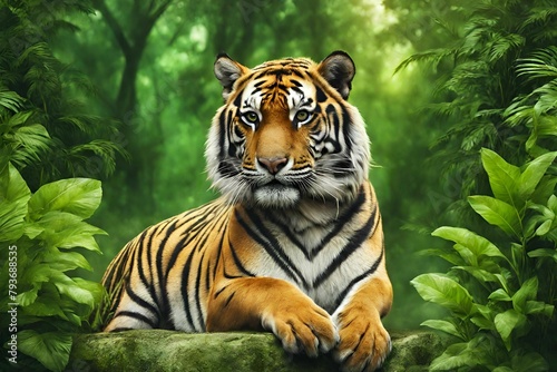 beautiful bengal tiger with lush green habitat background - 16