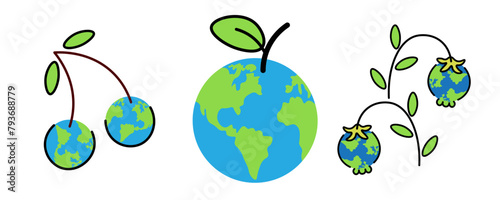set planet earth fruit berries in vector in flat style. illustration for design, logo, sticker, poster, print