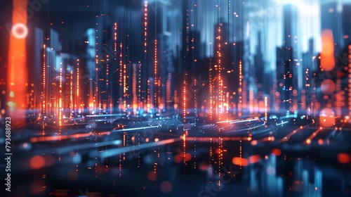 A stylish 3D illustration of sound waves pulsating in a futuristic cityscape AI generated illustration