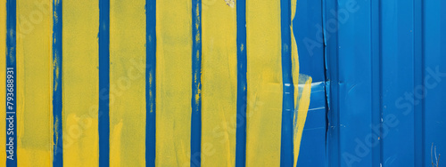 A fragment of a blue metal wall, partially painted with yellow paint. There is a dent and scratch from impact. Background. Panorama. Texture.