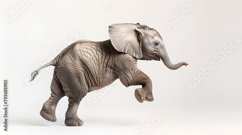 Joyful baby elephant running isolated on a white background. Captivating digital art of wildlife. Perfect for educational and creative projects. AI
