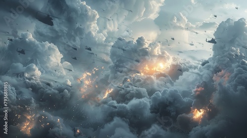 A surreal 3D render of a battle in the clouds AI generated illustration