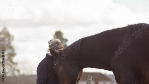 Powerful connection as chestnut horse nuzzles woman at horse therapy workshop