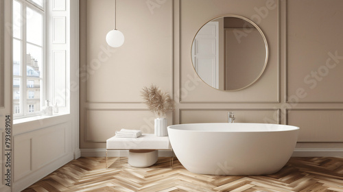 Modern bathroom interior with beige walls white basin