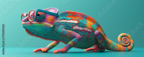 A colorful chameleon wearing glasses is standing on a blue background . Concept of whimsy and playfulness, as the chameleon is dressed in a quirky and unexpected outfit