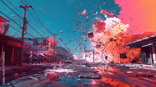 A vibrant 3D render of a war scene with a Memphis twist  AI generated illustration photo