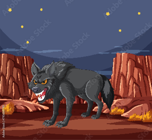 Angry black wolf under a starry night sky
