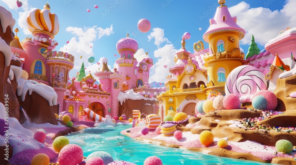 A whimsical 3D candy kingdom with colorful sweets and playful characters  AI generated illustration