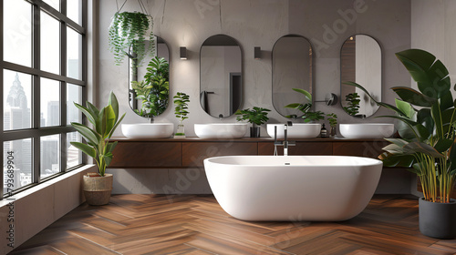 Modern bathroom interior with dark brown parquet floor