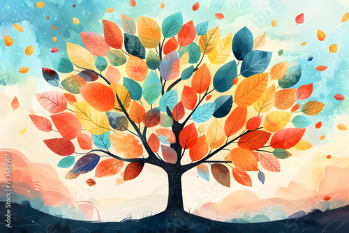 Illustration of a tree with colorful leaves, neurodiversity awareness, ADHD, autism 