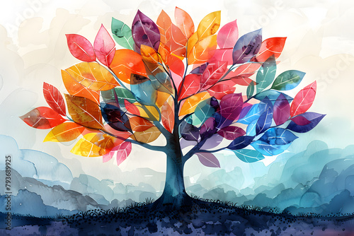 Illustration of a tree with colorful leaves, neurodiversity awareness, ADHD, autism 
