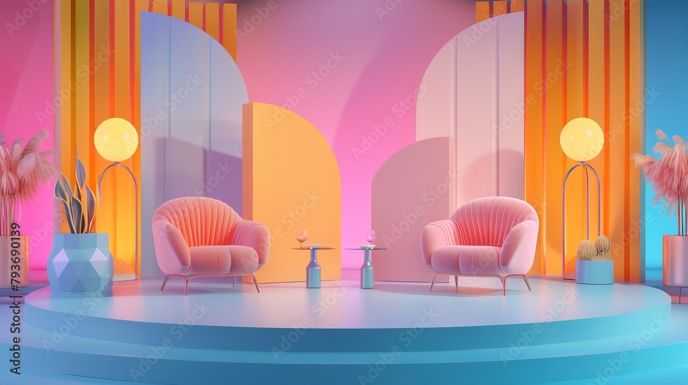 A whimsical 3D illustration of a talk show set  AI generated illustration