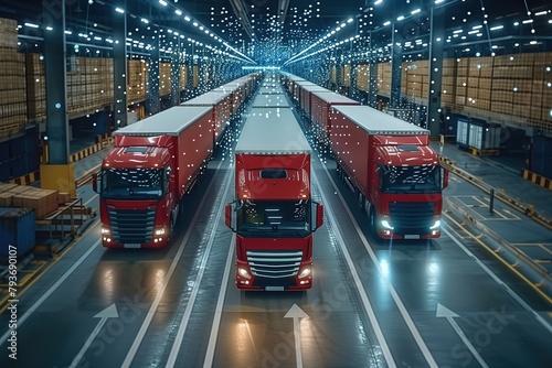 A loading dock area where trucks are loaded and unloaded with goods, featuring AI-powered scheduling systems that optimize dock usage and minimize wait times for vehicles