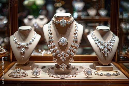 A luxurious display case filled with an array of diamond necklaces, bracelets, and earrings, showcasing the brilliance and variety of diamond jewelry options
