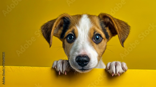 Adorable Jack Russell Puppy Peeking Over Edge with Curious Blue Eyes on Yellow Background photo