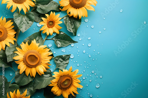 Creative floral concept. Sunny big sunshine yellow sunflower sunflowers with leaf leaves on sky blue background with rain water droplet. Mock up presentation. copy text space. top view, flat lay  © Sandra Chia