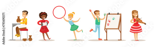 Talented Children Enjoy Creative Hobby and Activity Vector Set