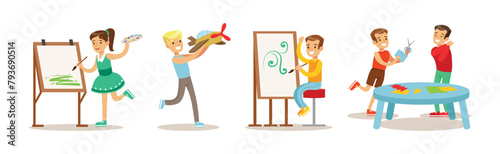 Talented Children Enjoy Creative Hobby and Activity Vector Set