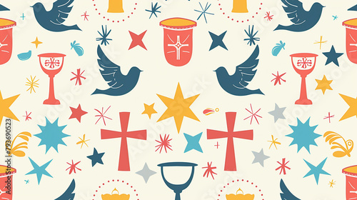 seamless pattern with christian religion icons, holy communion: bible, dove, chalice, candle, wheat ear; great for wrapping, greeting cards photo