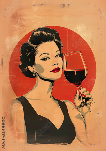 publicité vintage pour du vin rouge, illustration d'une femme en train de boire un verre