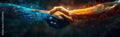 Two hands are held with a digital connection between them in a futuristic holographic neon blue and red style. Dark background with glowing lights, holographic projection illuminated wireframe 