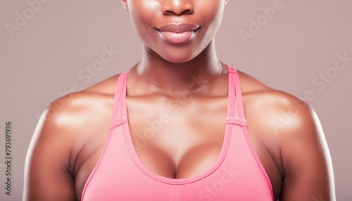 A close up of a womans chest and shoulders, athletic sportswear, model & beautiful