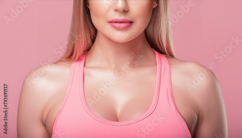 A close up of a womans chest and shoulders, athletic sportswear, model & beautiful