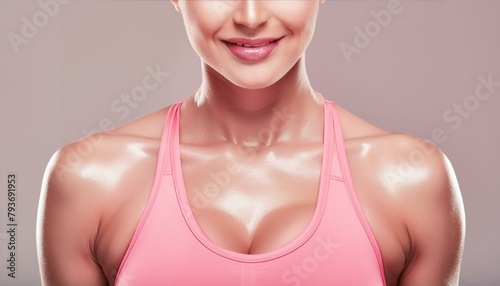 A close up of a womans chest and shoulders, athletic sportswear, model & beautiful