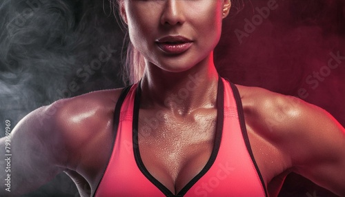 A close up of a womans chest and shoulders, athletic sportswear, model & beautiful