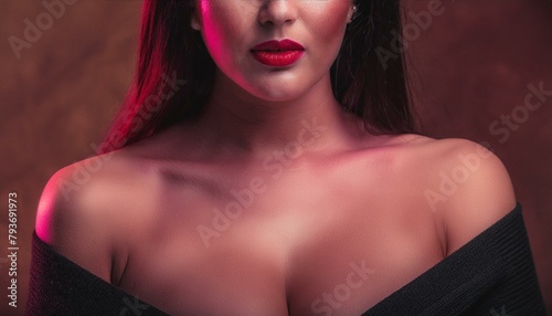 A close up of a womans chest and shoulders, athletic sportswear, model & beautiful