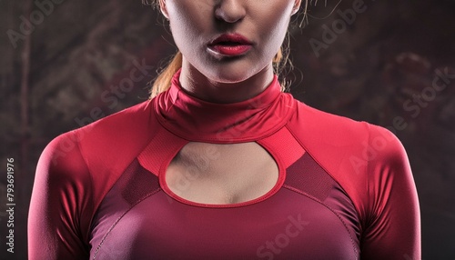 A close up of a womans chest and shoulders, athletic sportswear, model & beautiful