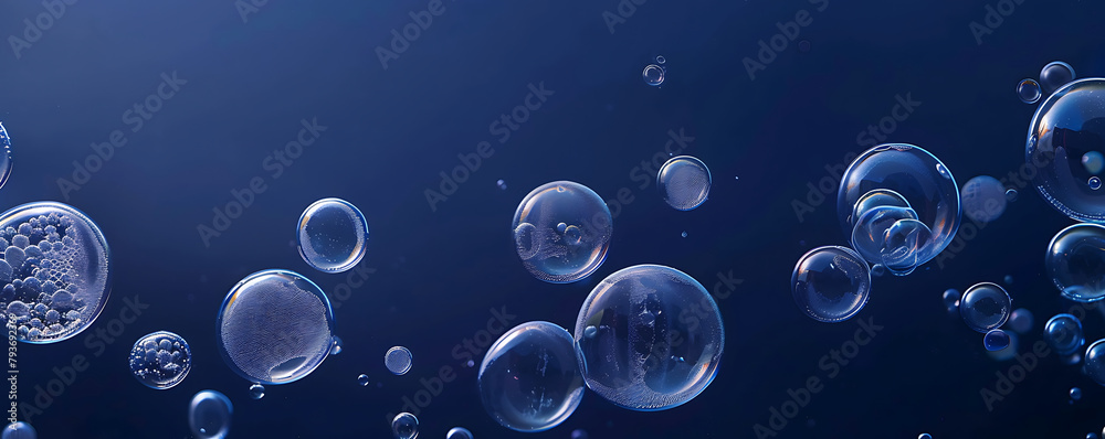 Set foam soap bubble isolated on dark blue background top view.