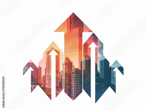 Upward Arrow Graphic, Double Exposure on White Background - Economic Uptick, Wall Street Insights, Market Forecasting - Finance, Investment