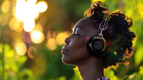 The profile of an African woman immersed in music, set against the backdrop of a serene dusk setting