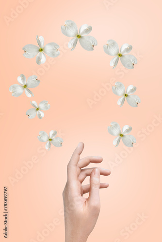 female hand of a Caucasian girl on a gentle background of peach fuzz and flying flowers dogwood. Display for advertising cosmetics. Vertical photo