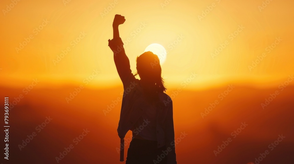 silhouette of woman raising her hand up in the air during sunset