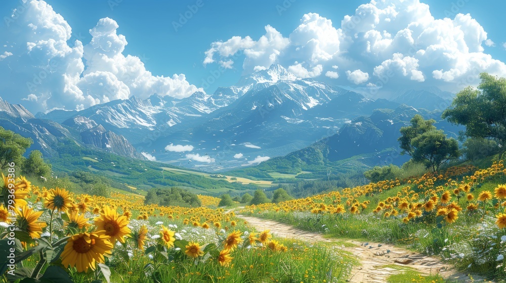 Serene Sunflower Field with Majestic Mountains in Distance