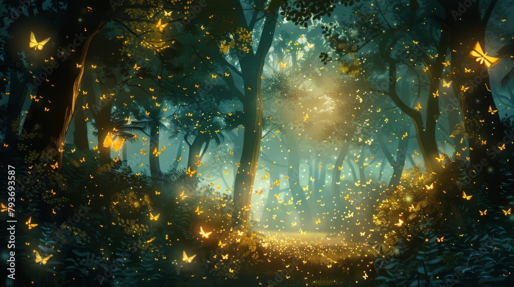 A forest with a lot of butterflies flying around A forest with a lot of butterflies flying around