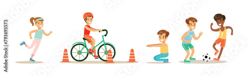 Happy Children Playing Sport Game and Doing Physical Exercise Vector Set © topvectors