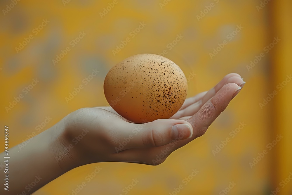 Gentle Hand Holding Egg on Golden Background Gentle Hand Holding Egg on Golden Background