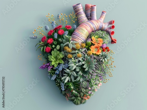 An anatomical heart intricately entwined with vibrant flowers and foliage, symbolizing life and growth